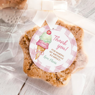 Sticker Rond Fête d'anniversaire à carreaux rose avec noeud pap