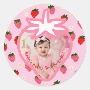 Sticker Rond Fête d'anniversaire aux fraises Premier anniversai