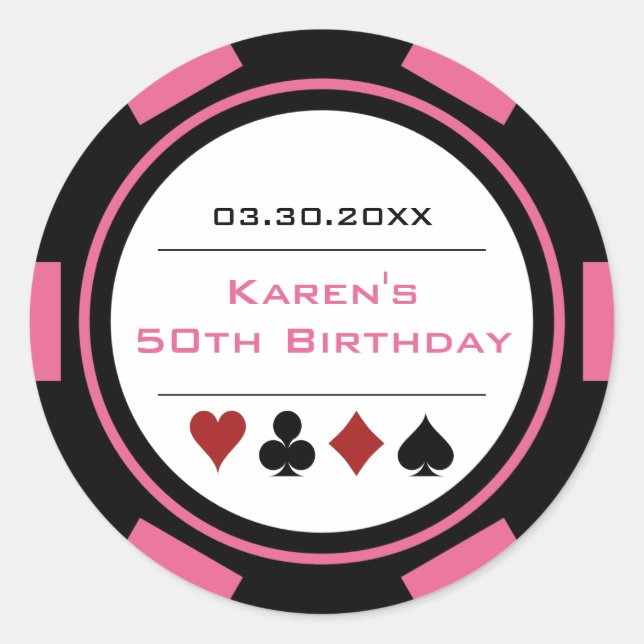 Sticker Rond Fête d'anniversaire avec jetons de casino rose et  (Devant)