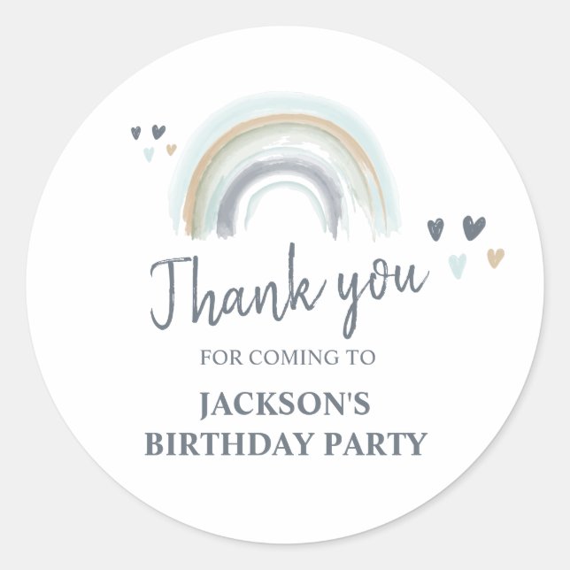 Sticker Rond Fête d'anniversaire bleu boho arc-en-ciel Merci  (Devant)