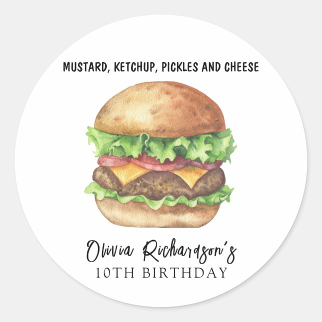 Sticker Rond Fête d'anniversaire Burger Aquarelle (Devant)