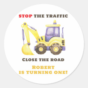 Sticker Rond Fête d'anniversaire Camion de construction Excavat