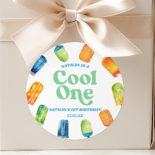 Sticker Rond Fête d'anniversaire Cool One Blue Retro Popsicle 1