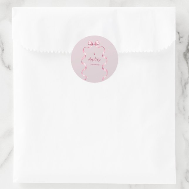 Sticker Rond Fête d'anniversaire Coquette Ruban Rose  (Sac)