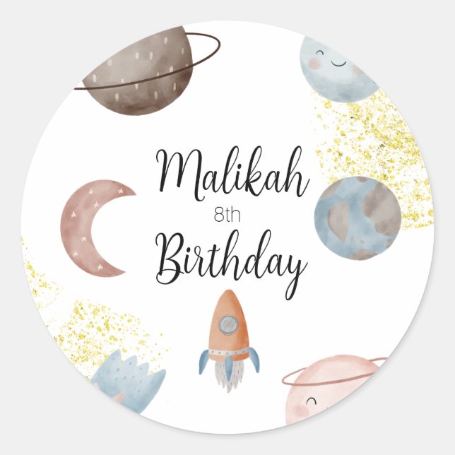 Sticker Rond Fête d'anniversaire dans l'espace aquarelle pour g (Devant)