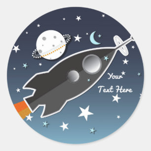 Sticker Rond Fête d'anniversaire dans l'espace avec un vaisseau