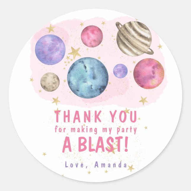 Sticker Rond Fête d'anniversaire dans l'espace des planètes ros (Devant)