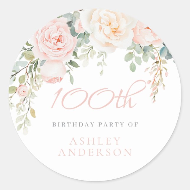 Sticker Rond Fête d'anniversaire de 100 ans Blush & Sage Elegan (Devant)