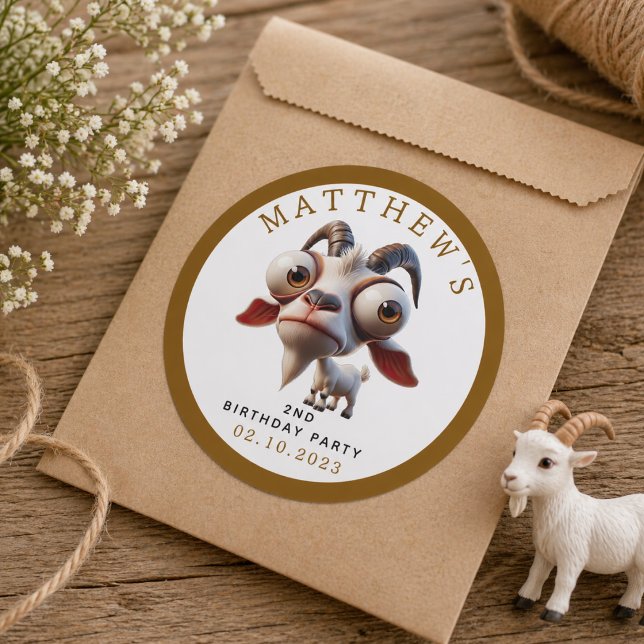 Sticker Rond Fête d'anniversaire de 2 ans avec des animaux de f (Cute goat Farm Animals 2nd Birthday Party Classic Round Sticker)