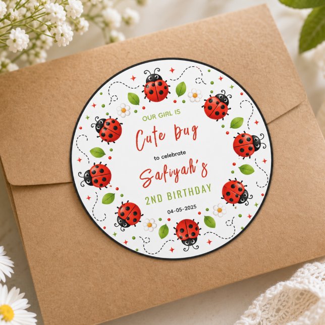 Sticker Rond Fête d'anniversaire de 2 ans sur le thème de deux  (Two Cute Ladybug 2nd Birthday Party for Kids baby Classic Round Sticker)