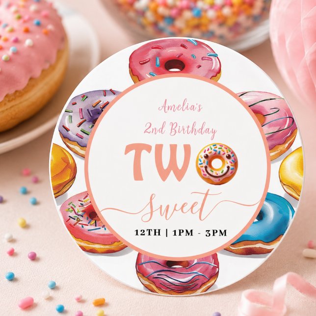 Sticker Rond Fête d'anniversaire de 2 ans Two Sweet Donuts (Two Sweet Donuts 2nd Birthday party Classic Round Sticker)