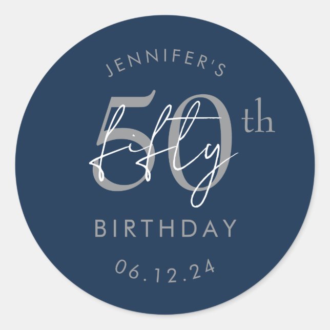 Sticker Rond Fête d'anniversaire de 50 ans Navy Script Moderne  (Devant)