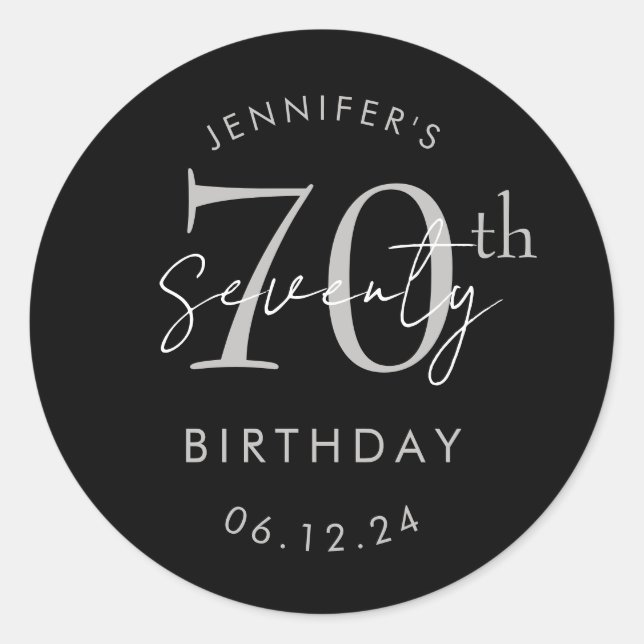 Sticker Rond Fête d'anniversaire de 70 ans écriture moderne arg (Devant)
