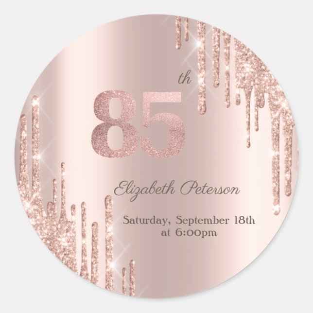 Sticker Rond Fête d'anniversaire de 85 ans avec des gouttes de  (Devant)