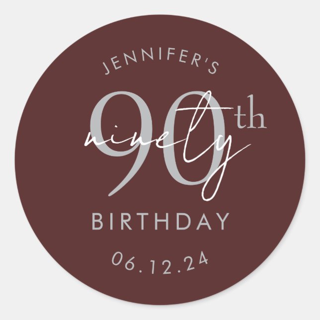 Sticker Rond Fête d'anniversaire de 90 ans écriture moderne arg (Devant)