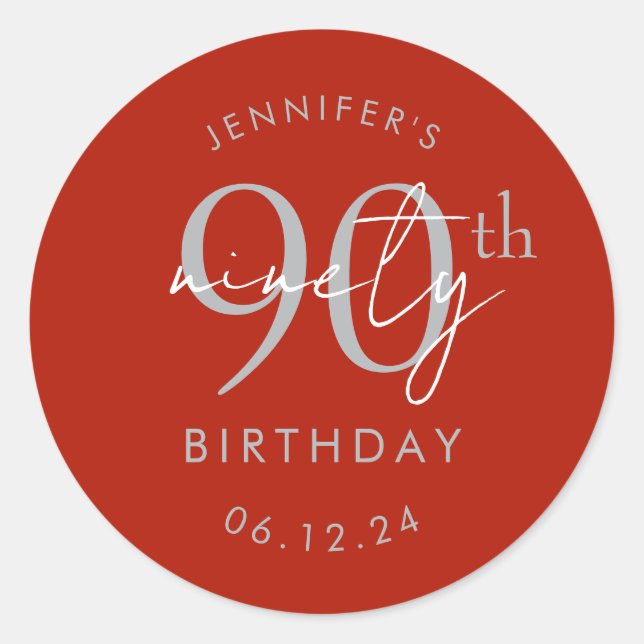 Sticker Rond Fête d'anniversaire de 90 ans écriture moderne arg (Devant)