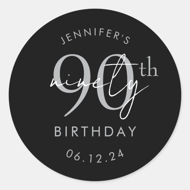 Sticker Rond Fête d'anniversaire de 90 ans écriture moderne arg (Devant)
