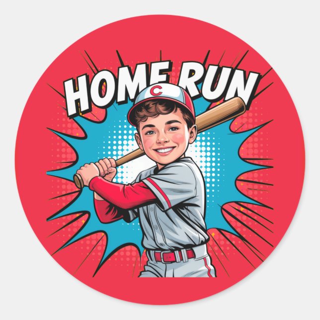 Sticker Rond Fête d'anniversaire de baseball Garçon de Home Run (Devant)