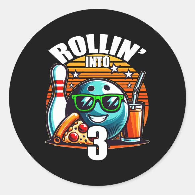 Sticker Rond Fête d'anniversaire de bowling pour 3 ans Rollin I (Devant)