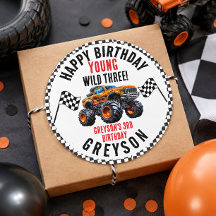 Sticker Rond Fête d'anniversaire de camions monstres pour enfan
