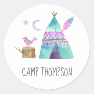 Sticker Rond Fête d'anniversaire de camping à l'aquarelle