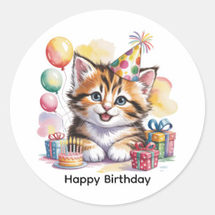 Sticker Rond Fête d'anniversaire de chaton mignon