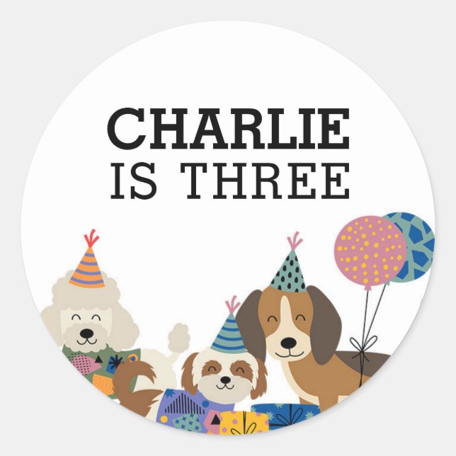 Sticker Rond Fête d'anniversaire de chiot Faisons la fête (Devant)