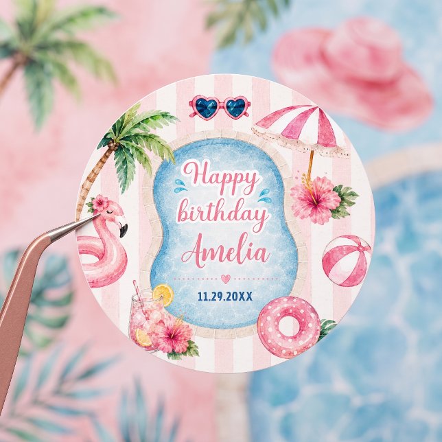 Sticker Rond Fête d'anniversaire de fille à thème piscine avec  (Créateur téléchargé)