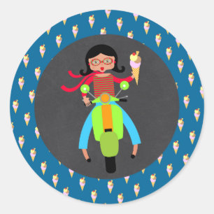 Sticker Rond Fête d'anniversaire de fille avec scooter italien