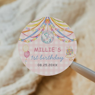 Sticker Rond Fête d'anniversaire de fille colorée à carreaux ro