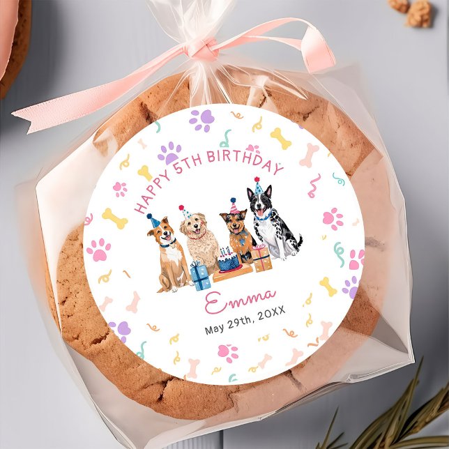 Sticker Rond Fête d'anniversaire de filles avec un chien chiot  (Créateur téléchargé)