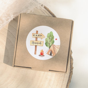 Sticker Rond Fête d'anniversaire de filles de camping d'été à l
