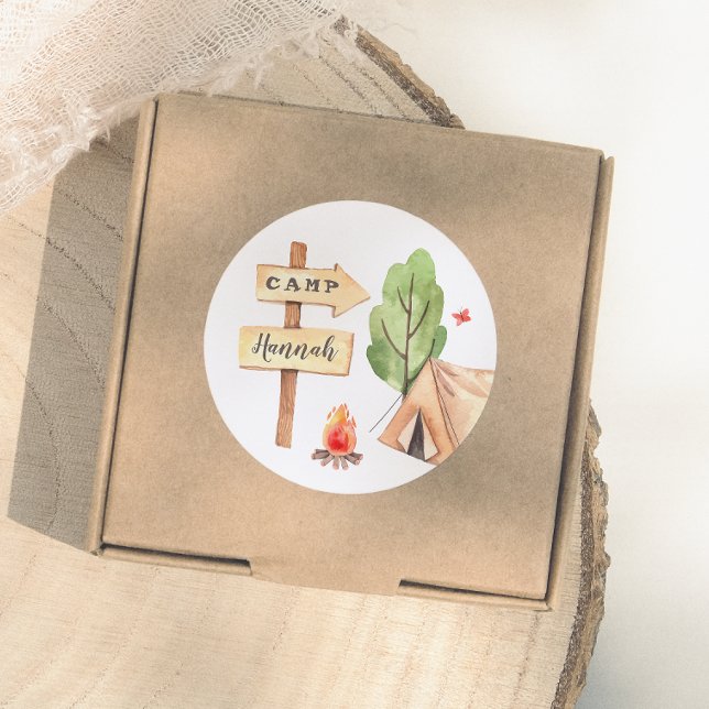 Sticker Rond Fête d'anniversaire de filles de camping d'été à l (Créateur téléchargé)