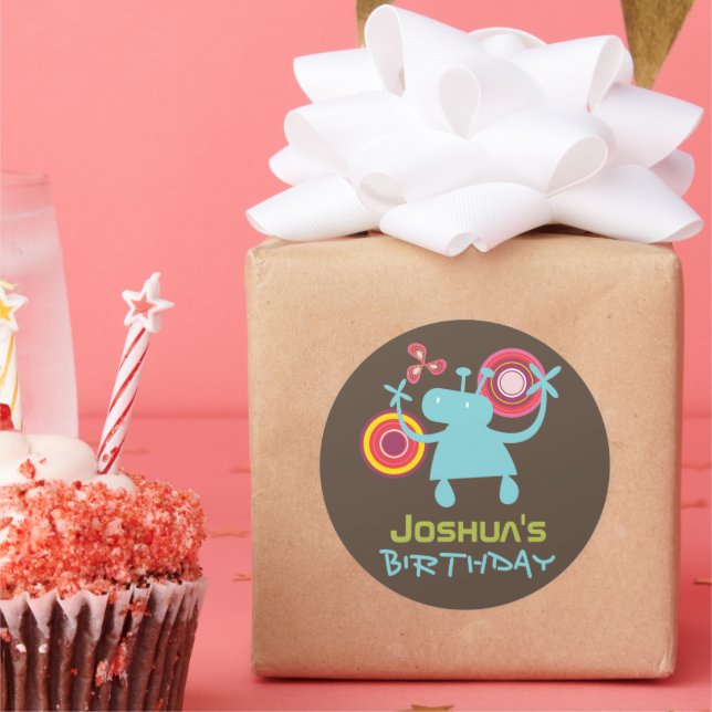 Sticker Rond Fête d'anniversaire de garçon alien bleu dessin an (Fête)