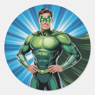 Sticker Rond Fête d'anniversaire de garçons super-héros verts