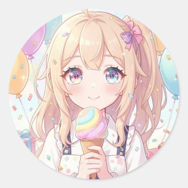 Sticker Rond Fête d'anniversaire de glace pour fille d'anime (Devant)