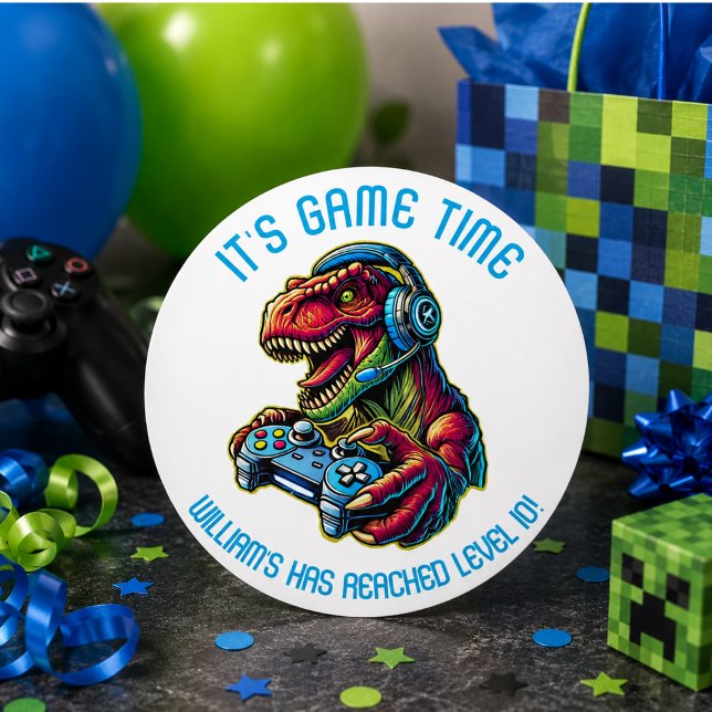 Sticker Rond Fête d'anniversaire de jeu vidéo dinosaure (Video Game Dinosaur Gaming Birthday Party Classic Round Sticker)