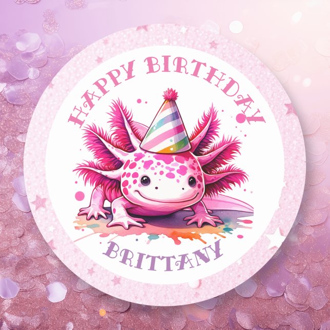 Sticker Rond Fête d'anniversaire de la fille Axolotl rose (Créateur téléchargé)
