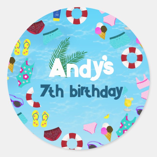 Sticker Rond Fête d'anniversaire de la piscine pour enfants (Devant)