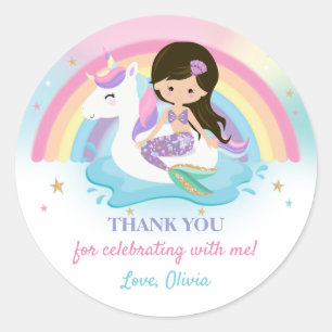 Sticker Rond Fête d'anniversaire de la sirène et de la licorne