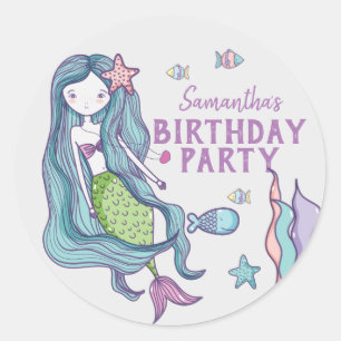 Sticker Rond Fête d'anniversaire de la Sirène personnalisée