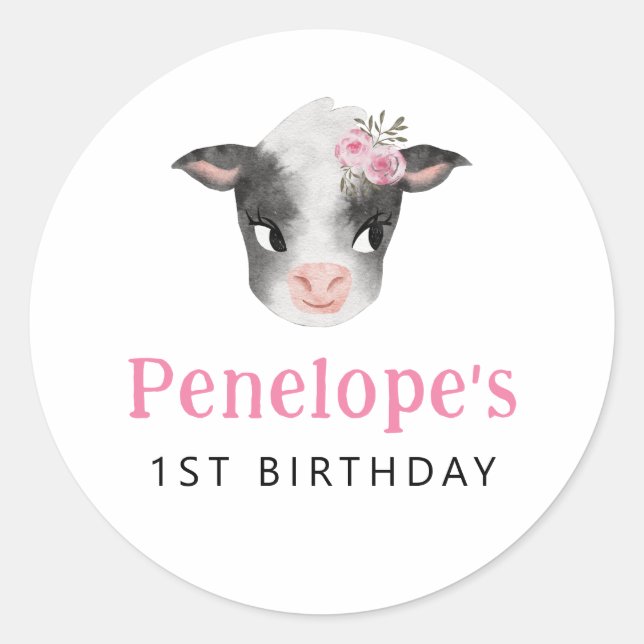 Sticker Rond Fête d'anniversaire de la vache rose Favoriser (Devant)