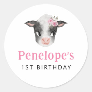 Sticker Rond Fête d'anniversaire de la vache rose Favoriser