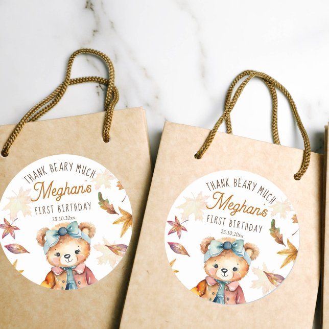 Sticker Rond Fête d'anniversaire de l'ours en peluche d'automne (Teddy bear birthday favor gift thank you stickers cute girl teddy with a bow thank you beary much)