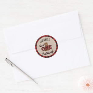 Sticker Rond Fête d'anniversaire de l'Ours Plaid Wild ONE