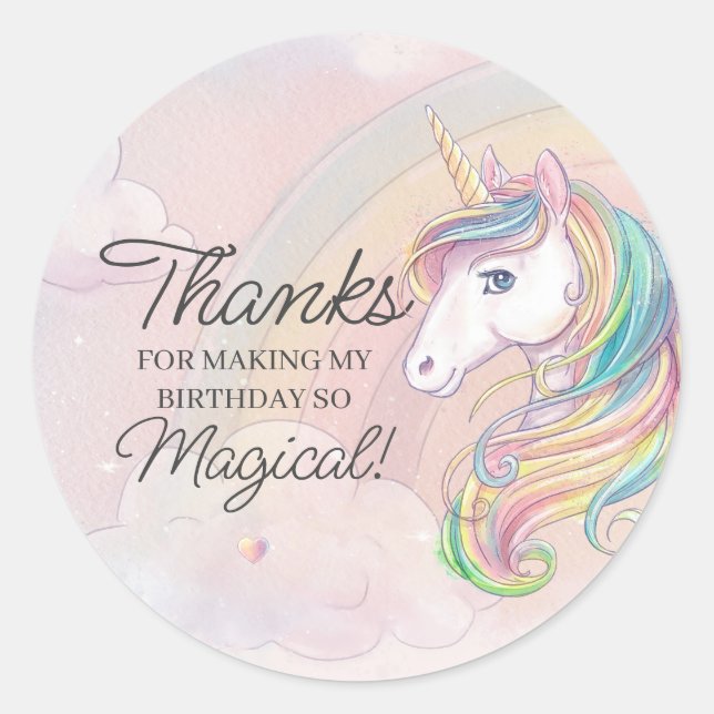 Sticker Rond Fête d'anniversaire de l'Unicorne merci pour (Devant)