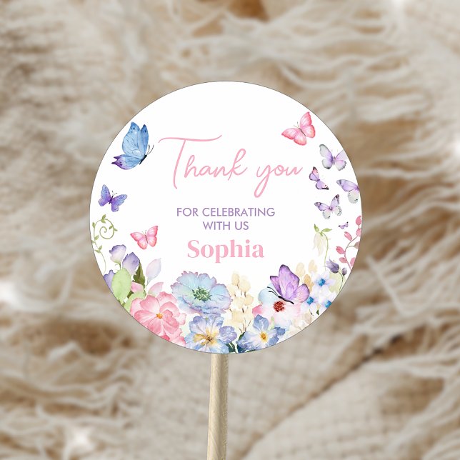 Sticker Rond Fête d'anniversaire de notre petit papillon (Our Little Butterfly Birthday Party Sticker)