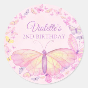 Sticker Rond Fête d'anniversaire de papillon rose et pourpre