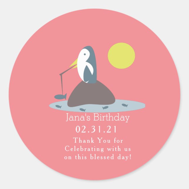 Sticker Rond Fête d'anniversaire de pêche de manchot mignon (Devant)