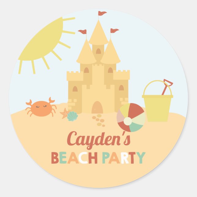 Sticker Rond Fête d'anniversaire de plage rétro château de sabl (Devant)